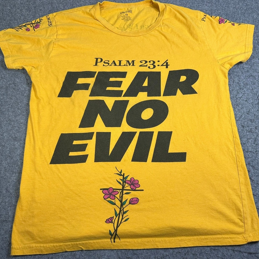 On Fire Fear No‎ Evil Yellow Graphic T-Shirt Womens 1X Religious Cotton Psalms - Picture 10 of 10
